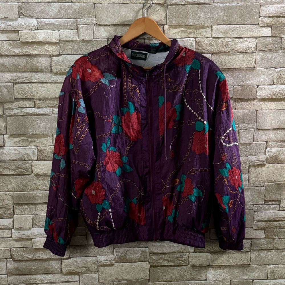 Vintage Saddlebred Floral Windbreaker 80s Purple Nylon Zip Festival M